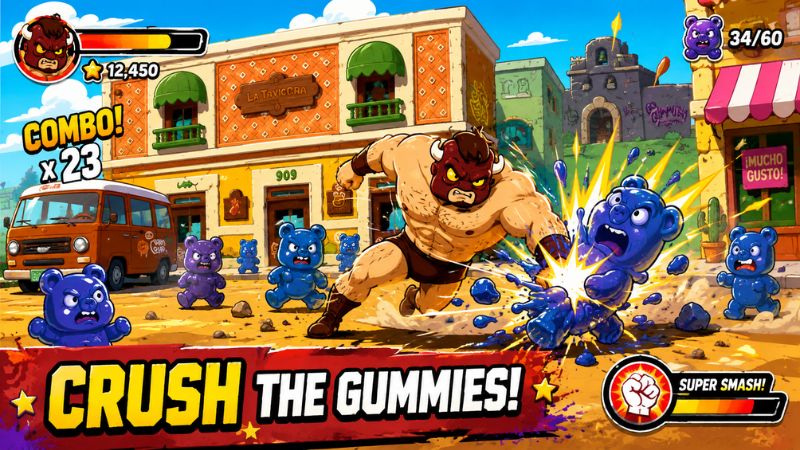 Gameplay Burrito Bison Mod APK khi phóng đô vật từ võ đài để bay xa