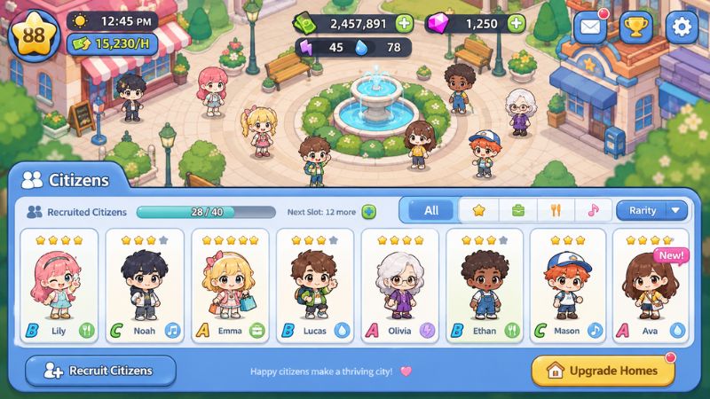 Happy Citizens MOD APK cho phép tuyển công dân và bố trí họ trong thành phố