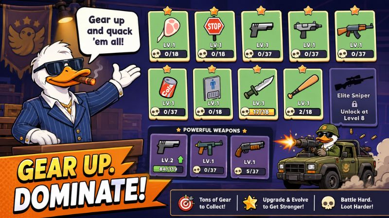 Quack Bag Duck Mafia MOD APK với vũ khí được sắp xếp trong túi