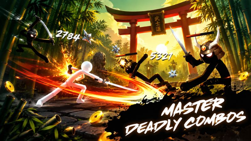 Stickman Weapon Master MOD APK với chiến binh người que cầm vũ khí bước vào trận đấ