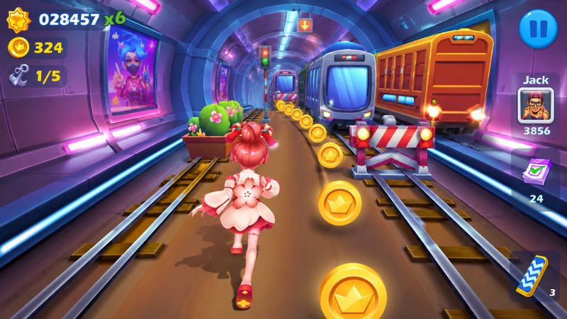 Subway Runner Mod APK thu thập xu và booster trong quá trình chạy vô tận