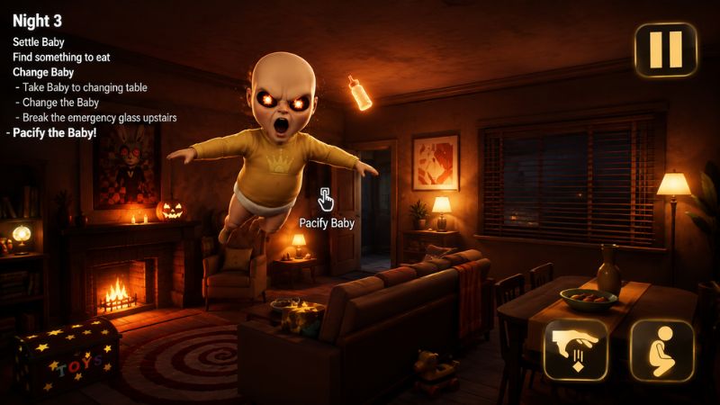 The Baby in Yellow MOD APK thực hiện nhiệm vụ cho em bé ăn và đi ngủ