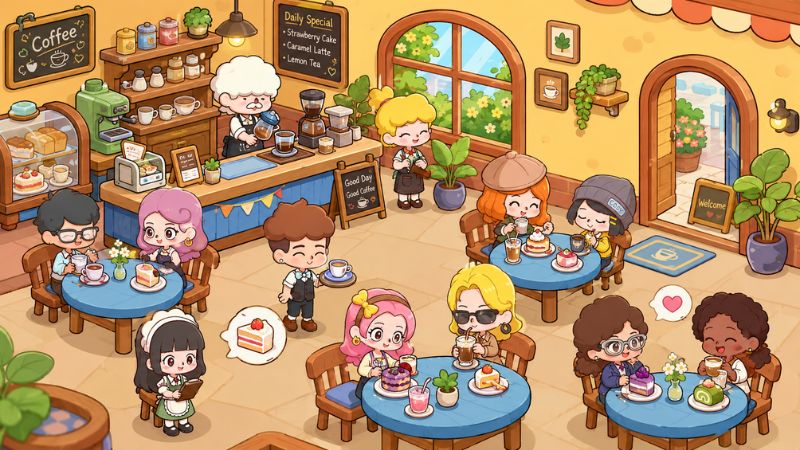 Tiệm Cà Phê Hạnh Phúc MOD APK với gameplay nấu cà phê bánh ngọt và phục vụ khách