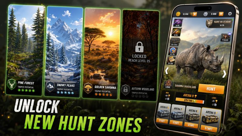 Trophy Hunter MOD APK MOD Menu One Hit và luôn hiển thị chỉ số động vật khi săn bắn