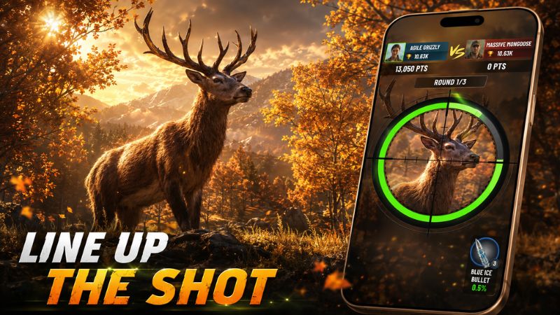 Trophy Hunter MOD APK với giao diện sniper ngắm mục tiêu và tính điểm độ chính xác