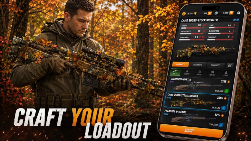 Trophy Hunter MOD APK với nhiều khẩu súng có chỉ số Damage Bullet Speed và Zoom khác nhau