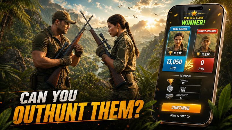 Trophy Hunter MOD APK với thợ săn sử dụng súng ngắm trong khu vực động vật hoang dã