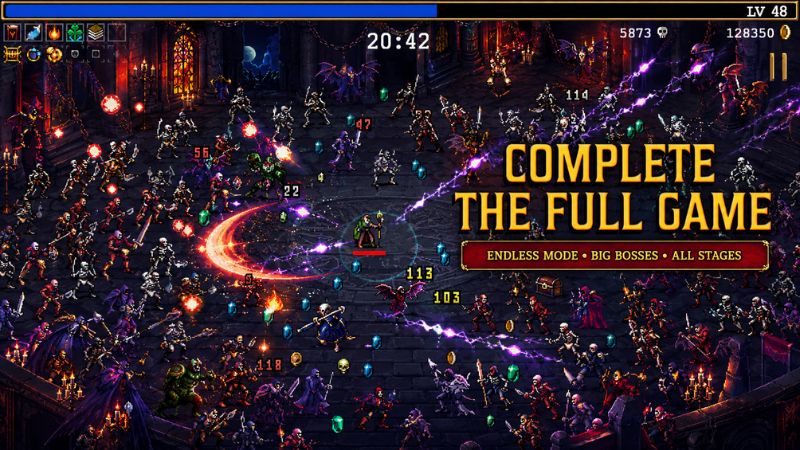 Vampire Survivors MOD APK lựa chọn vũ khí và kỹ năng để phát triển build