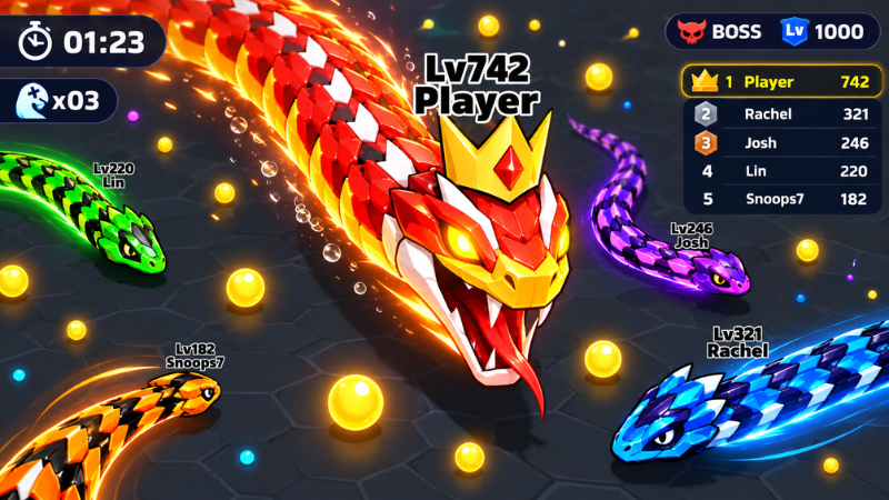 Gameplay Snake Clash MOD APK ăn thức ăn để tăng kích thước