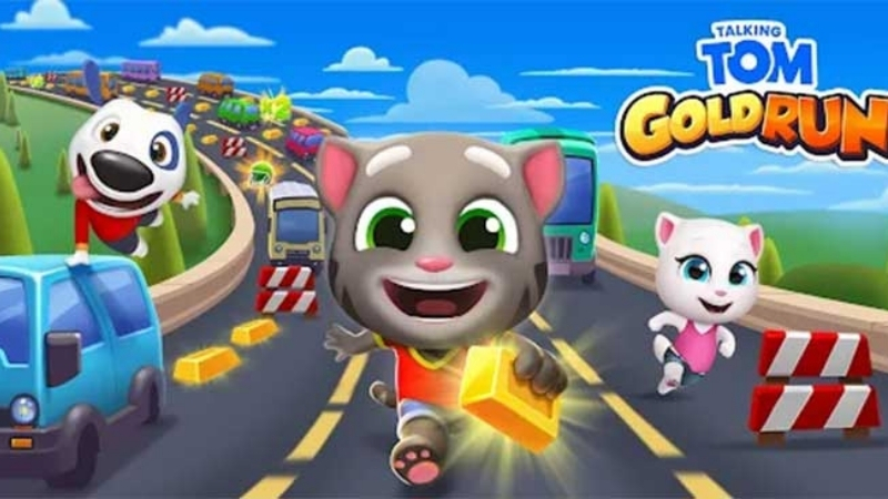 Gameplay Tom né chướng ngại vật và thu thập vàng trên đường chạy.