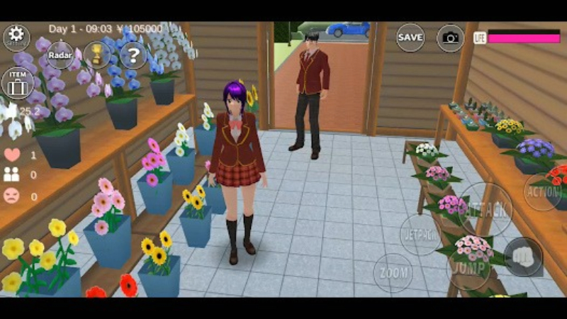 Nhân vật dùng jetpack khám phá Sakura Town trong SAKURA School Simulator